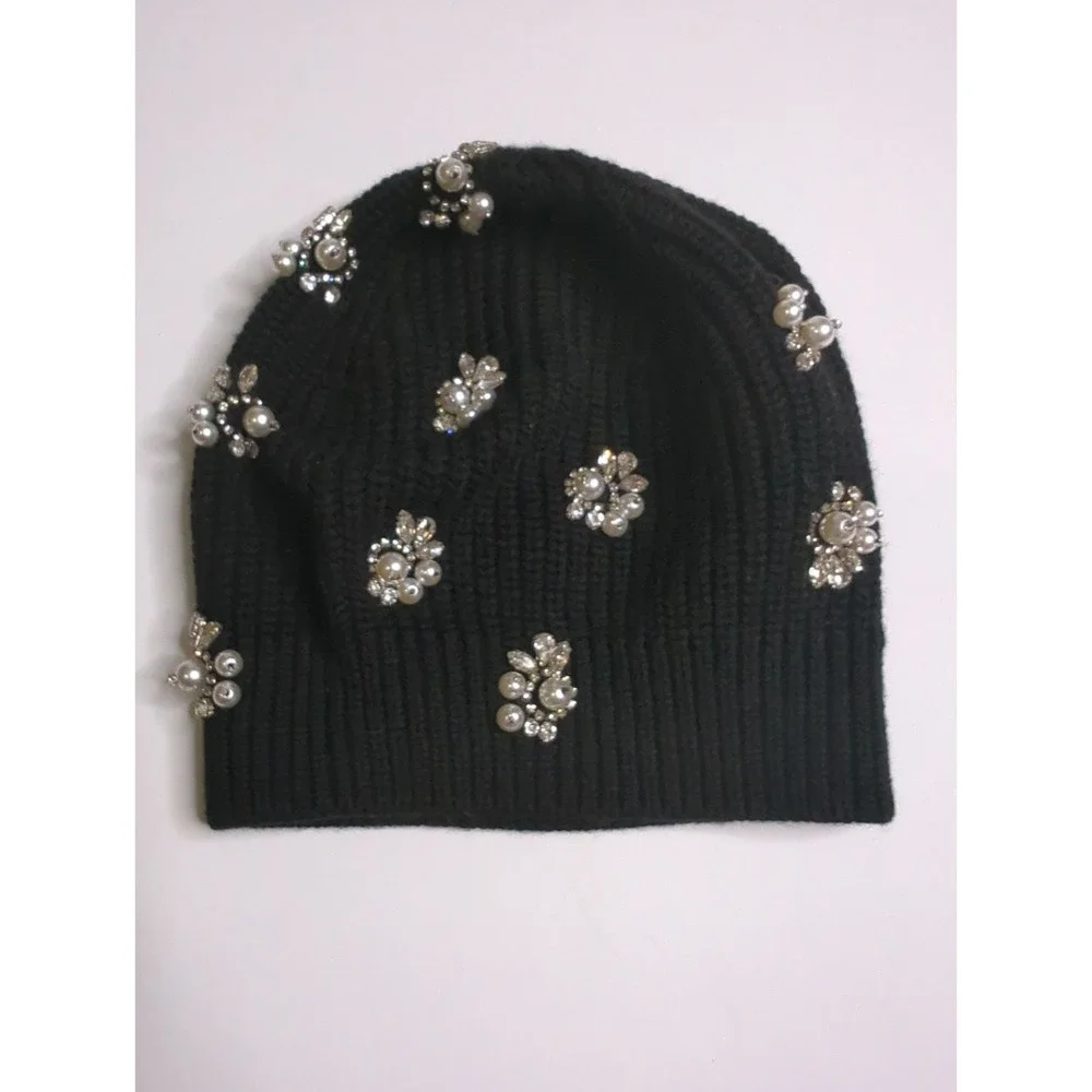 Alice + Olivia Black Wool Beret Knit Hat Rhinestone Slouchy Beanie Whimsigoth
